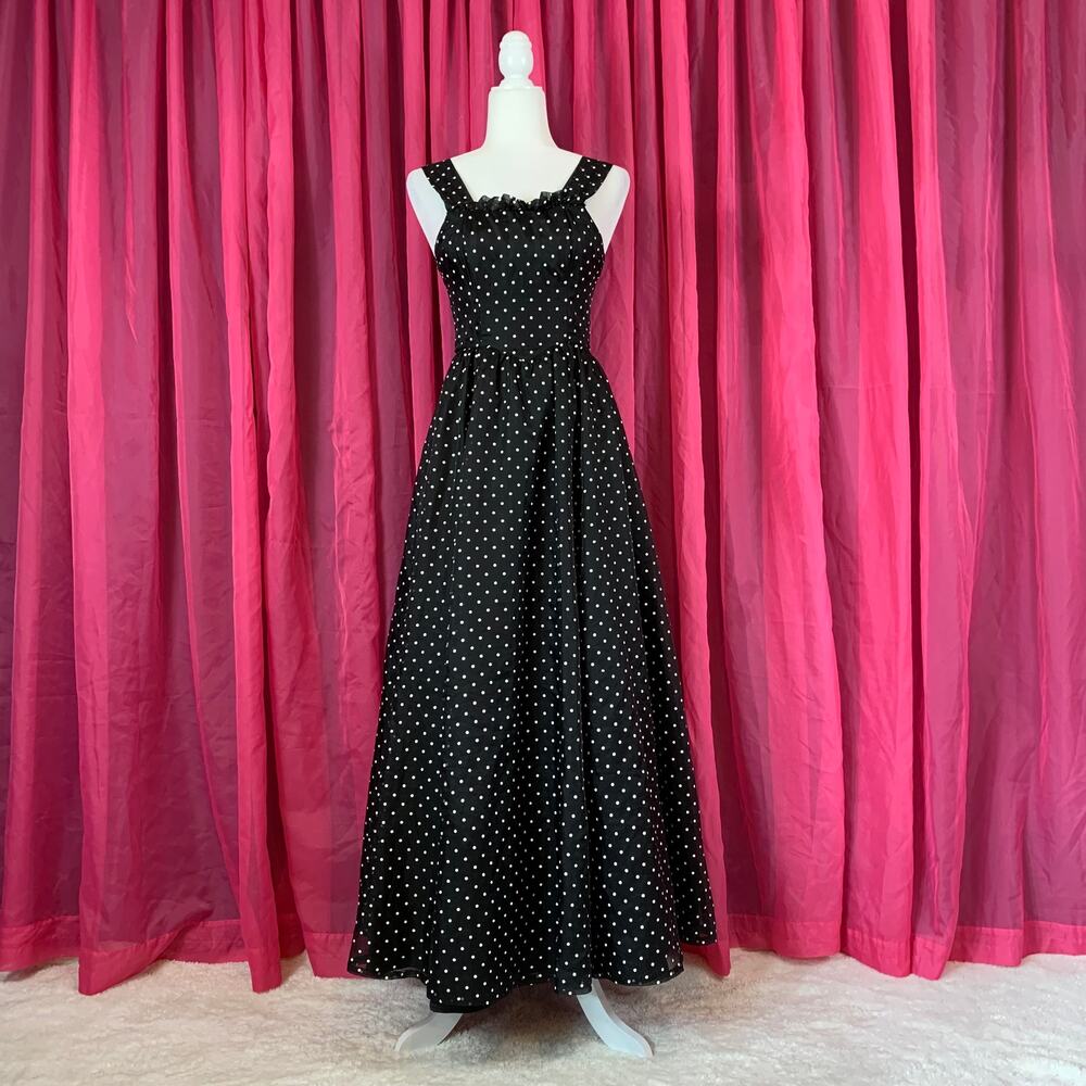 Vintage 80s Gunne Sax Jessica McClintock polka dot fit and flare maxi dress, 3